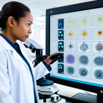 A focused professional female scientist, fully clothed in a modest lab coat and appropriate professional attire, stands in a brightly lit, high-tech immunology research laboratory. She is observing data on a large monitor, surrounded by sophisticated scientific equipment like bioreactors and advanced microscopes, representing cutting-edge cell therapy research. The atmosphere is one of groundbreaking discovery and innovation. Perfect anatomy, correct proportions, natural pose, well-formed hands, proper finger count, natural body proportions, professional photography, high quality, safe for work, appropriate content, family-friendly.
