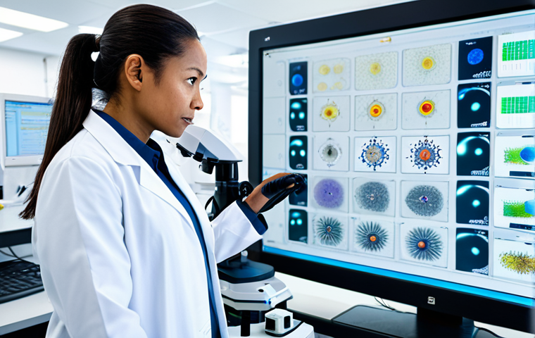 A focused professional female scientist, fully clothed in a modest lab coat and appropriate professional attire, stands in a brightly lit, high-tech immunology research laboratory. She is observing data on a large monitor, surrounded by sophisticated scientific equipment like bioreactors and advanced microscopes, representing cutting-edge cell therapy research. The atmosphere is one of groundbreaking discovery and innovation. Perfect anatomy, correct proportions, natural pose, well-formed hands, proper finger count, natural body proportions, professional photography, high quality, safe for work, appropriate content, family-friendly.