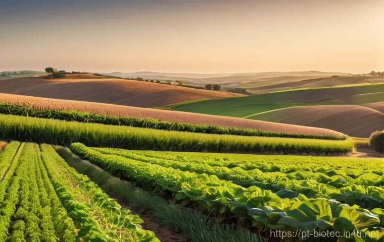 바이오 기반 농업 기술 - **Prompt:** "A vibrant, panoramic view of a thriving organic farm in the sun-drenched Portuguese Ale...