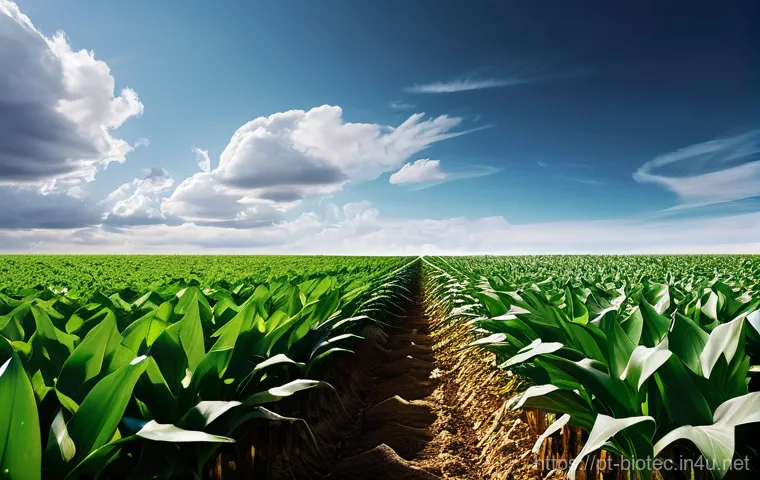 바이오 기반 농업 기술 - **Prompt:** "A visually striking split image focusing on the hidden world of soil health and biodive...