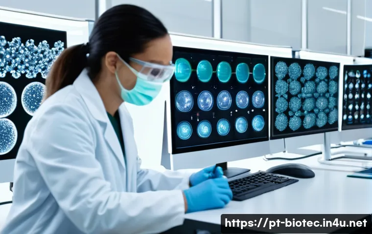 백신 개발 프로세스 - A detailed scientific laboratory scene showing researchers in white lab coats and safety glasses car...