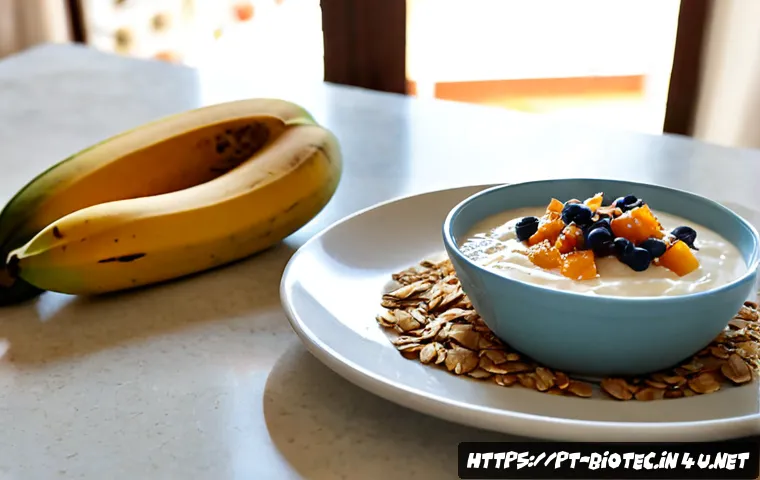 장내 미생물과 건강 - Photorealistic healthy Brazilian breakfast table in a bright São Paulo apartment kitchen, plain yogu...