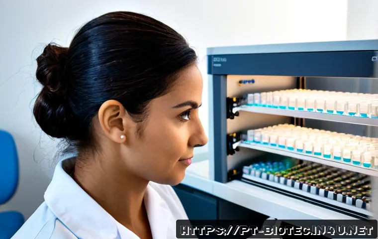Home 13 오믹스 기술 활용 - Photorealistic Brazilian biomedical researcher in a bright modern genomics laboratory, carefully loa...